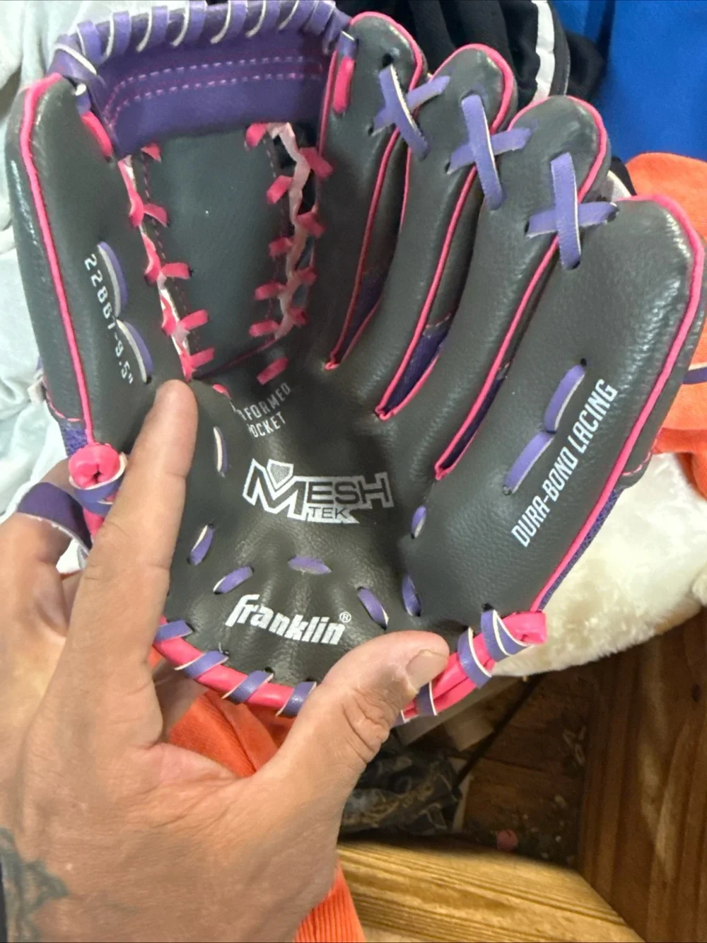 Franklin Kids Mittens-Style Baseball Glove in Black with Pink & Purple Accents